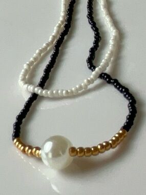 Classic Pearl & Gold Bead Layered Necklace - Black and White
